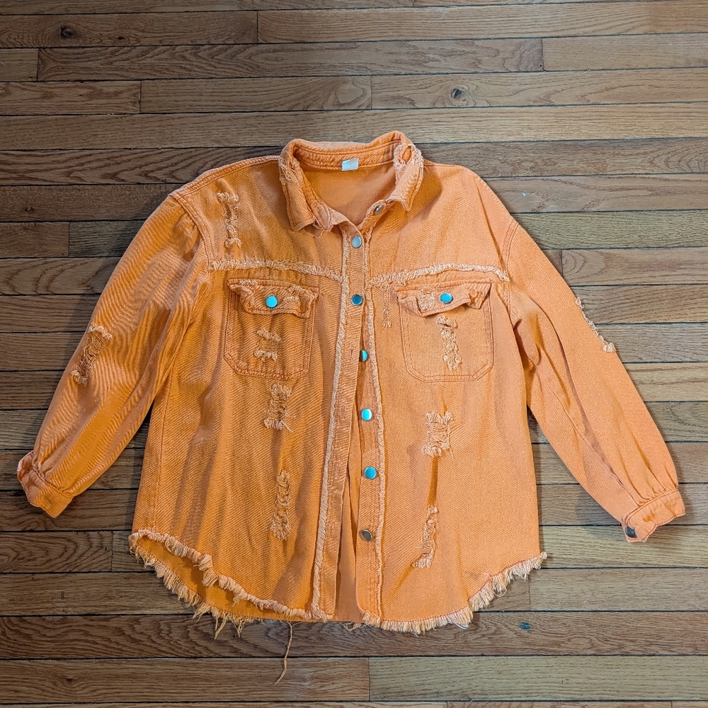Orange Distressed Button-Up Jacket